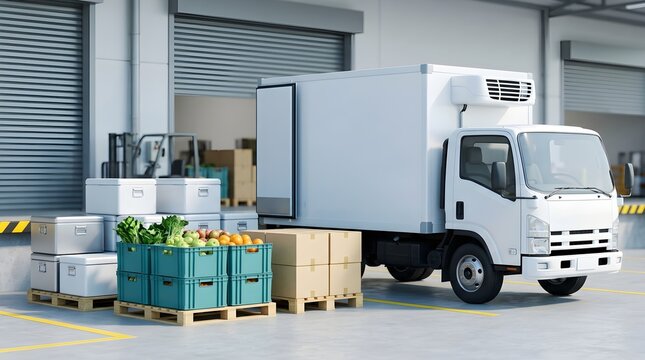 Small delivery truck loading fresh vegetables and produce near warehouse