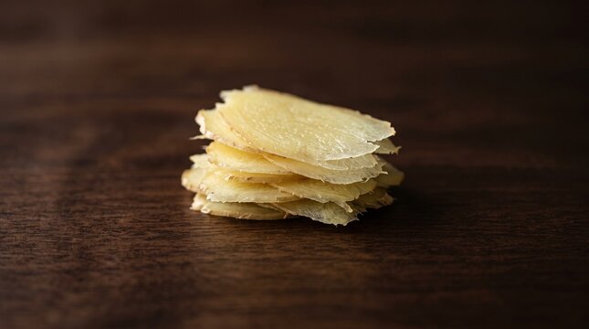 Ginseng root slices stacked on dark wood, herbal medicine ingredients, dried panax ginseng for traditional wellness and health tea