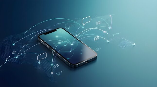 Modern smartphone connected to digital communication network icons
