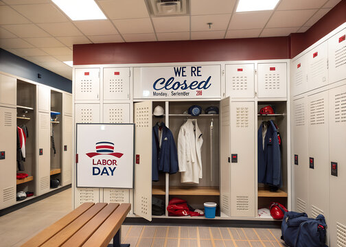 Labor day sign on a locker room bench with we are closed notice on storage cabinets