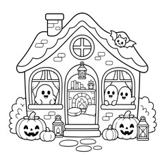 Naklejka premium Cute Halloween House with Ghosts in Windows Coloring Page, Kawaii Cottage with Pumpkins and Bat Vector Line Art