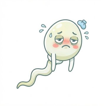 A cartoon sperm cell character shows a tired expression with blush on cheeks and sweat droplets. The setting is simple and playful.