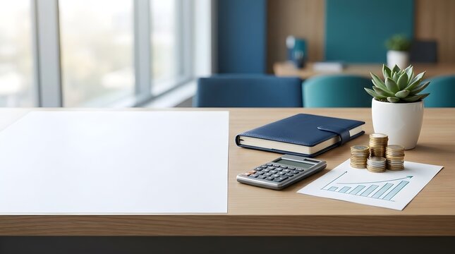 Modern office desk with calculator, books, coins, and plant