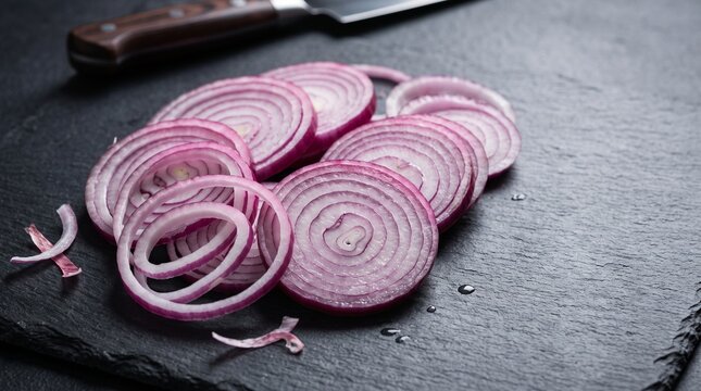 Fresh red onion slices on dark slate board, sliced purple onion rings for cooking, organic vegetable food preparation