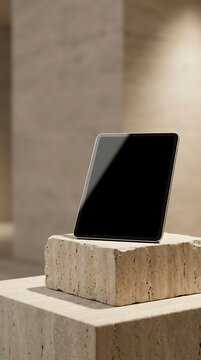 Modern tablet with a black screen displayed upright on a rough, textured beige stone block in a softly lit, architectural interior setting