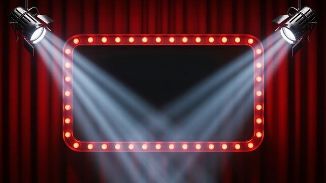 Neon marquee sign on a red theater stage