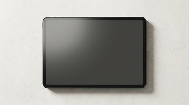 Top-down view of a dark-screened tablet lying flat on a light, textured concrete or plaster surface, showcasing a clean, minimalist composition