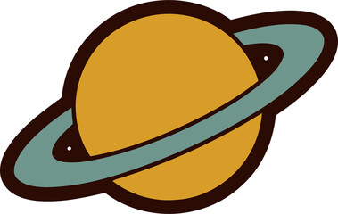 Minimalist vector illustration of a stylized yellow planet with blue rings isolated on a black background © Grafiqua Studio