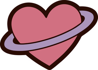 A cute pink heart illustration with a purple ring orbiting around it like a planet in space © Grafiqua Studio