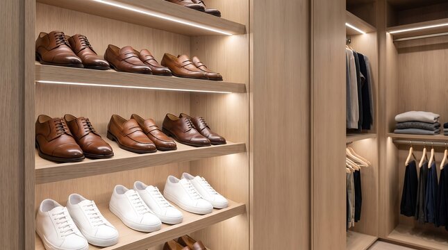 Organized walk-in closet with shoes and clothing neatly displayed.