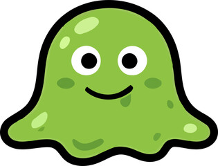 Cute green slime ghost character with a friendly smiling face isolated on a black background for halloween design