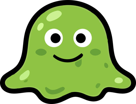 Cute green slime ghost character with a friendly smiling face isolated on a black background for halloween design
