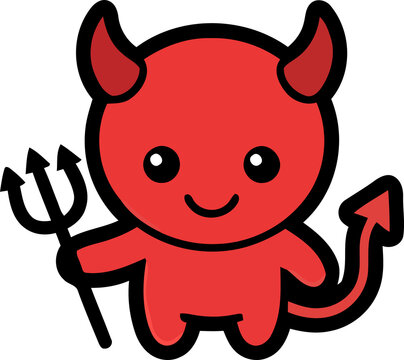 A cute red devil character with horns and a tail isolated on a solid black background