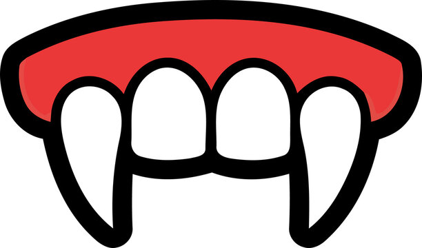 A stylized red vampire mouth icon with sharp fangs isolated on a solid black background