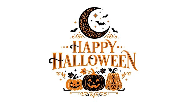 Decorative happy halloween greeting card design featuring a crescent moon with leopard print pattern and carved jack o lantern pumpkins on a white background
