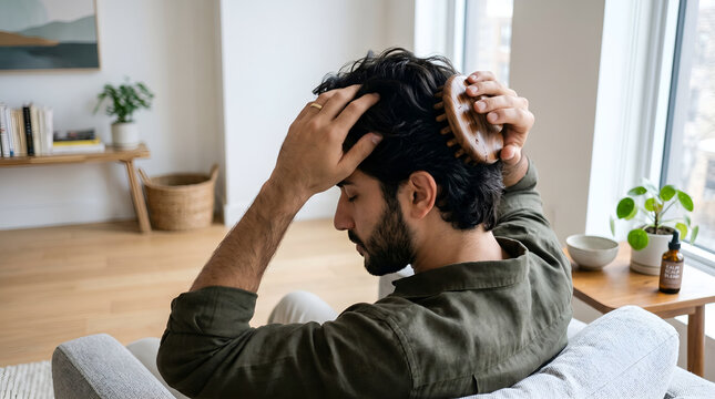 Handsome man massaging scalp using natural hair oil sitting on living room sofa