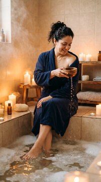 Beautiful woman relaxing inside warm bathtub filled with fresh flowers and essential oil