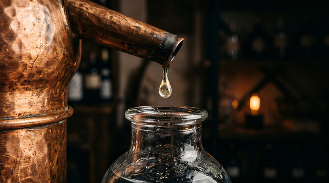 Traditional copper alembic distillation apparatus extracting pure essential oil drops