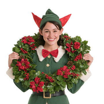 Smiling young woman in a Christmas elf costume with red and green ears holding a large holly and poinsettia wreath isolated on transparent or white background, png