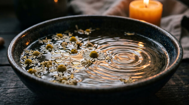 Fresh chamomile flowers floating inside dark water bowl near warm burning scented candle