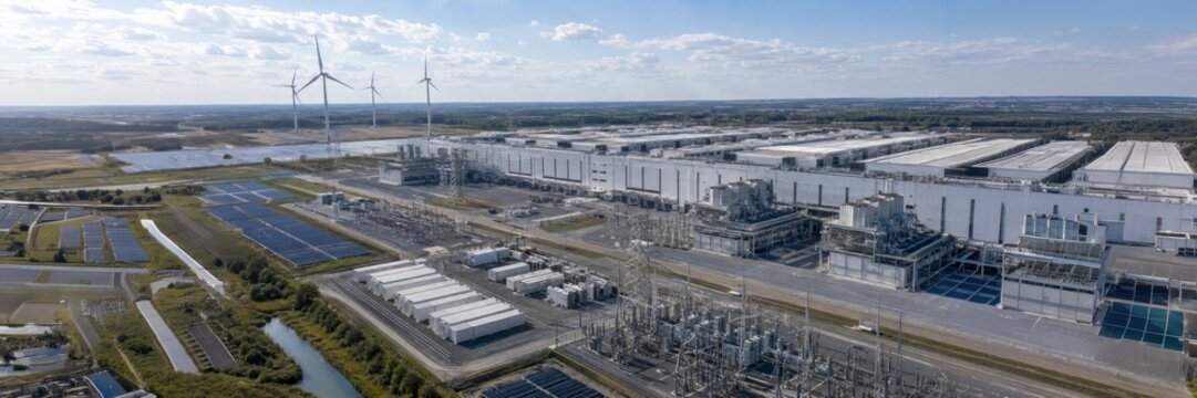 Aerial data center campus with wind turbines, clean energy concept for sustainable digital infrastructure