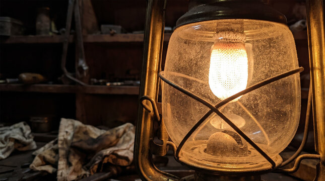 Glowing Vintage Kerosene Hurricane Lantern Lighting Up Dark Workshop Atmospheric