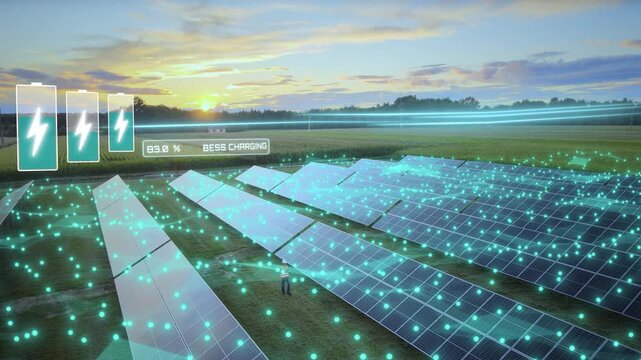 Sustainable Photovoltaic solar farm with electricity flow to BESS Battery Energy Storage System. 3D futuristic graphic animation