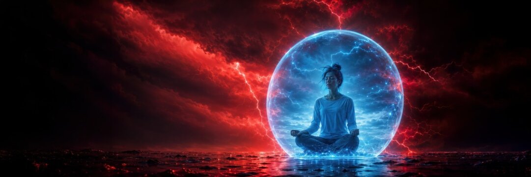 Meditating woman protected inside glowing energy sphere, emotional resilience concept for mental health communication