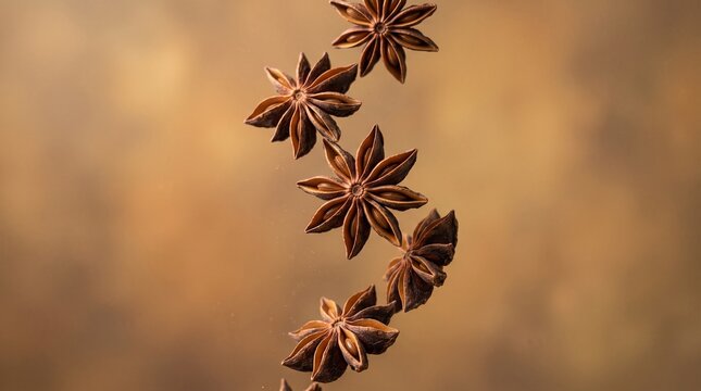 Star anise pods falling on warm brown background. Floating aromatic spices for culinary design. Dried star anise seeds in motion.