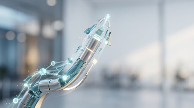 Futuristic robotic arm with digital network interface, bionic prosthetic hand in modern office, cybernetic technology concept