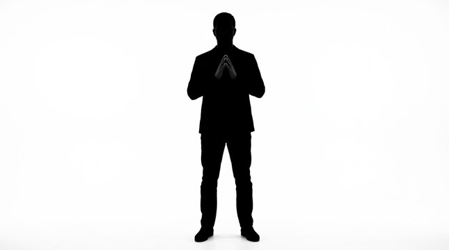 Businessman silhouette standing with folded hands praying or thinking isolated on white background, focus and strategy concept