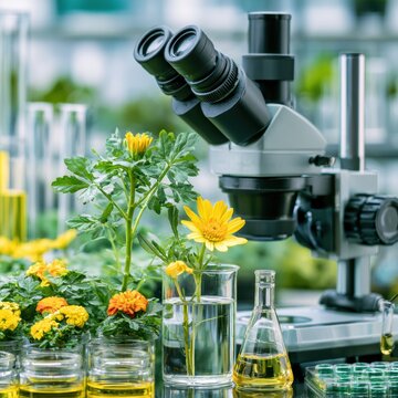 Laboratory Microscope Examining Yellow Flowers, Botanical Research Concept