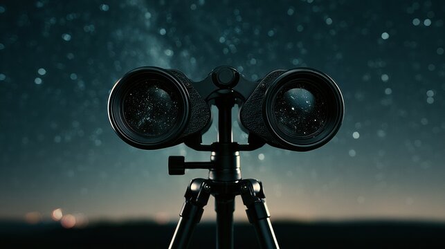 Binoculars Mounted on Tripod Under Starry Night Sky, Stargazing Concept