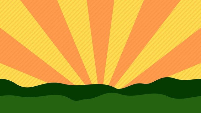 Retro Sunburst Background With Green Hills Vector Art