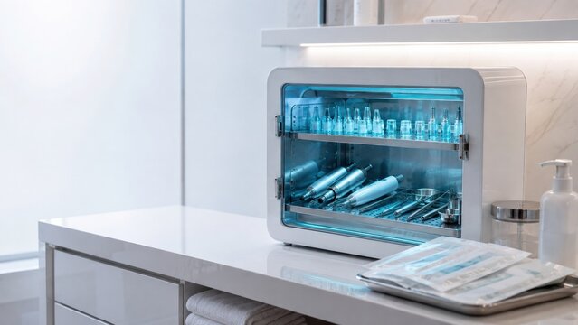 Medical instrument sterilization cabinet in clean clinic, infection control concept for healthcare with copy space