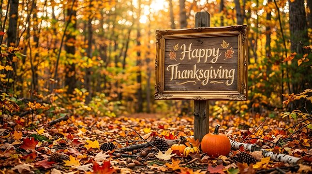 Wooden Happy Thanksgiving sign with pumpkins in autumn forest at golden hour