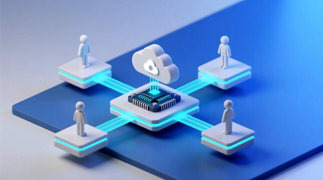 A 3D isometric graphic showcasing digital transformation workforce connecting through cloud network integration for remote business communication systems on blue
