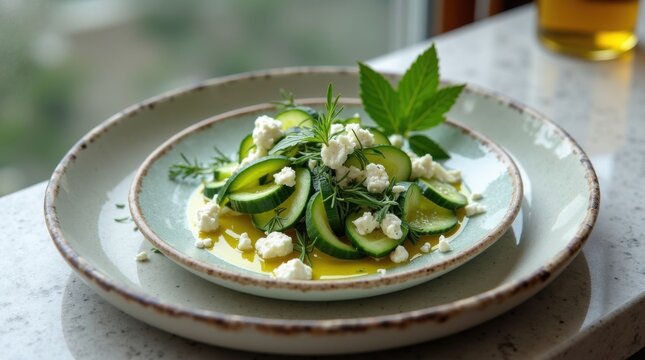 Cintas de pepino fresco con queso feta, eneldo, menta y aceite de oliva, elegantemente presentadas en vajilla de cer&aacute;mica artesanal