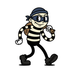 A cartoon illustration of a classic burglar character wearing a striped shirt and mask, carrying a sack with a dollar sign. © Insan