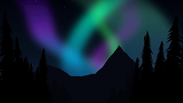 Animated gradient mesh aurora landscape with glowing northern lights flowing across a dark mountain scene and starry sky.