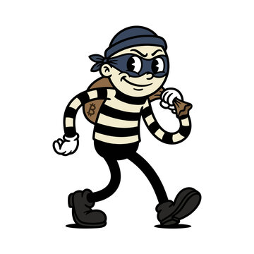 A cartoon illustration of a classic burglar character wearing a striped shirt and mask, carrying a sack with a dollar sign.