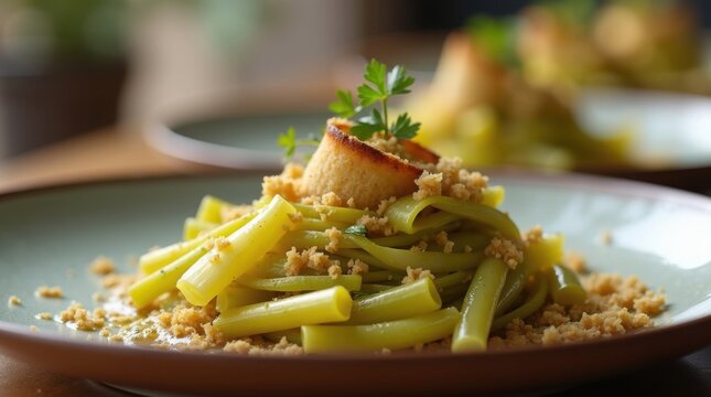 Puerros estofados al estilo mediterr&aacute;neo con vinagreta de mostaza, hierbas picadas y pan rallado tostado