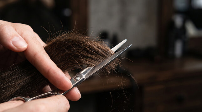 Extreme close-up of hair being cut with sharp steel scissors in a professional studio, concept of precision hairdressing and beauty care