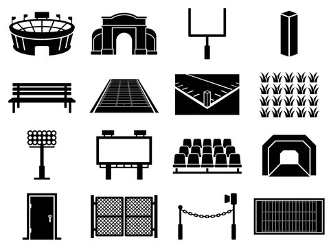 Professional american football stadium and arena facilities icons set with football facility goalpost bleachers floodlight billboard architecture building