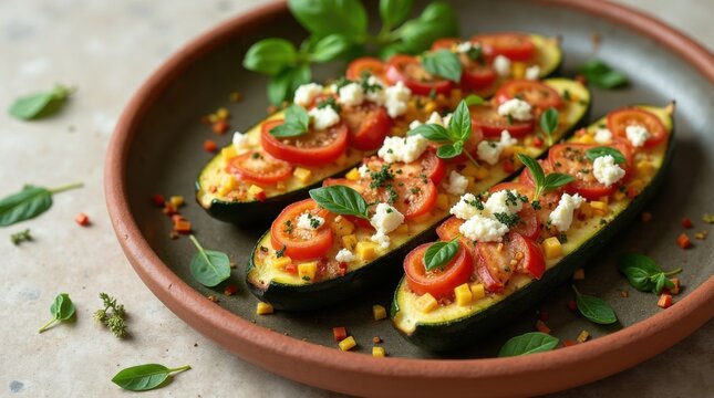 Vista cenital de barquitas de calabac&iacute;n horneadas, rellenas de hierbas, verduras y queso feta, servidas en cer&aacute;mica r&uacute;stica