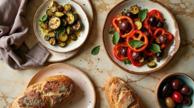 Vista cenital de un almuerzo mediterr&aacute;neo r&uacute;stico con calabac&iacute;n a la parrilla y pimientos rojos asados