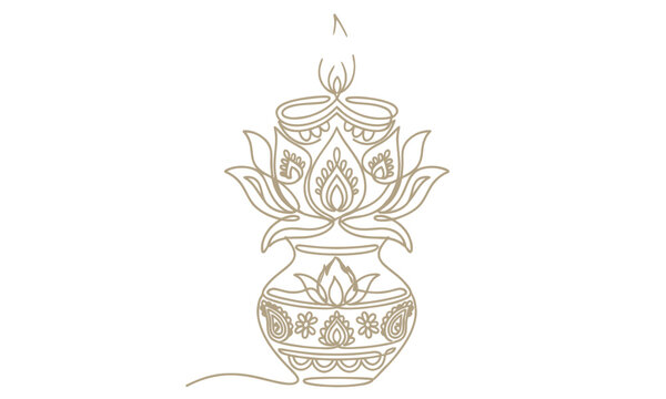 Traditional lotus flower in a decorative pot with candles isolated on transparent background, isolated on white background, Vector Diwali (India, UK heavy buyers) one line art  editable vector design 