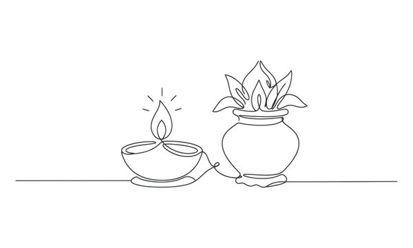 Minimalist line drawing of a lit candle and potted plant on a surface isolated on transparent background, isolated on white background, Vector Diwali (India, UK heavy buyers) one line art  editable ve