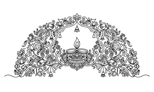 Buddha statue sitting atop ornate archway with intricate mandala design isolated on transparent background, isolated on white background, Vector Diwali (India, UK heavy buyers) one line art  editable 