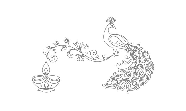 Elegant peacock with decorative diya lamp in intricate line art style isolated on transparent background, isolated on white background, Vector Diwali (India, UK heavy buyers) one line art  editable ve